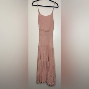 Free People‎ Valérie Tiered Maxi Dress L Pink Boho Crinkle Rayon Braided Strap